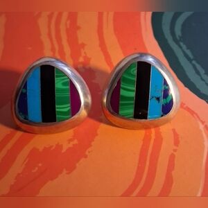 Sterling Silver Mexican and Stone Inlay Earrings By TEME'